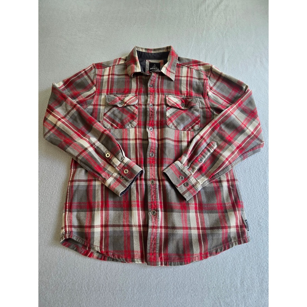 Prana Flannel Shirt Mens Medium Red Grey Plaid Organic Cotton Heavyweight Button